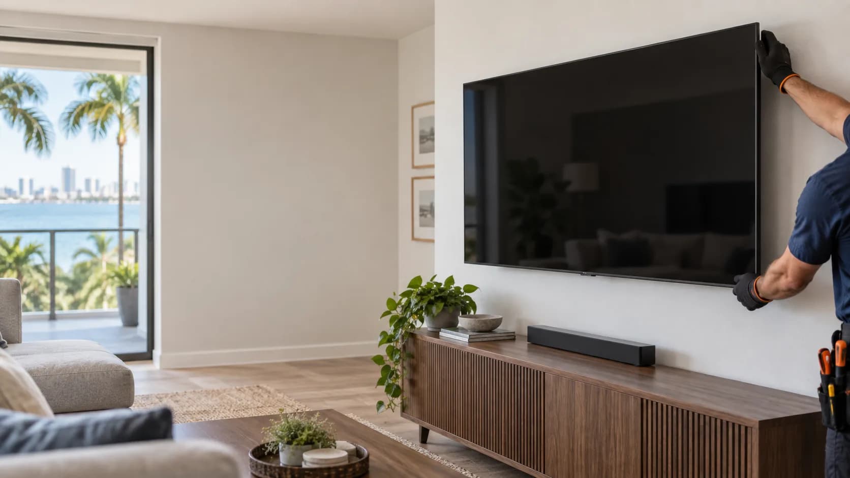 Flat-screen TV being mounted on an interior wall