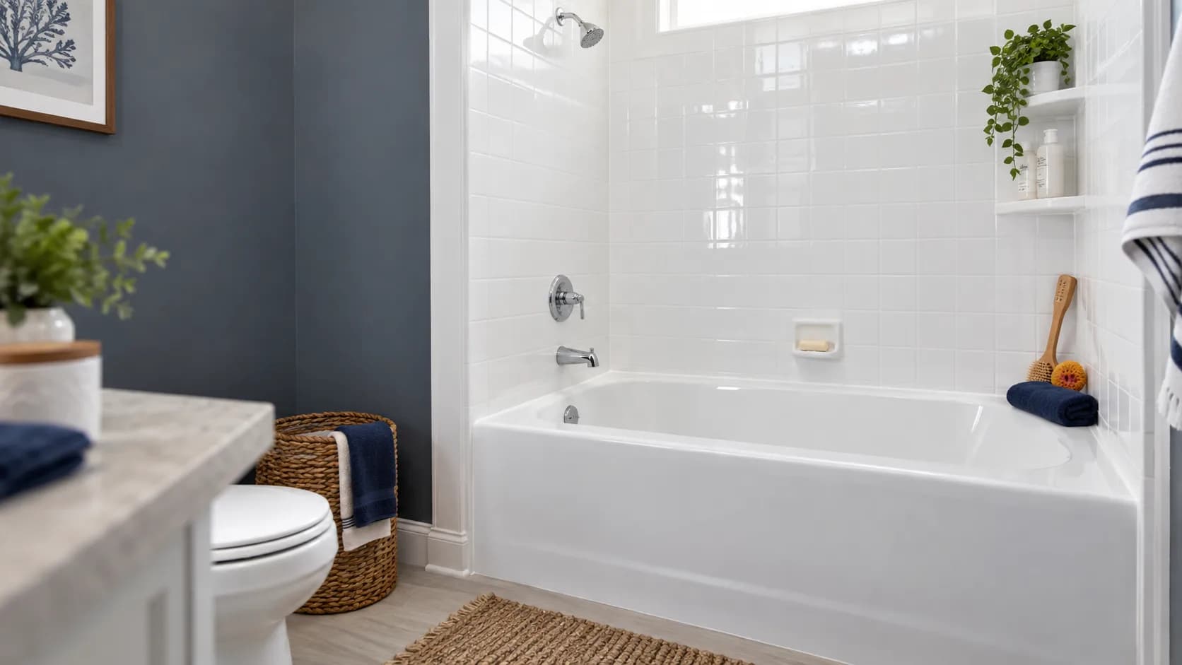 Freshly refinished white bathtub and tile surround