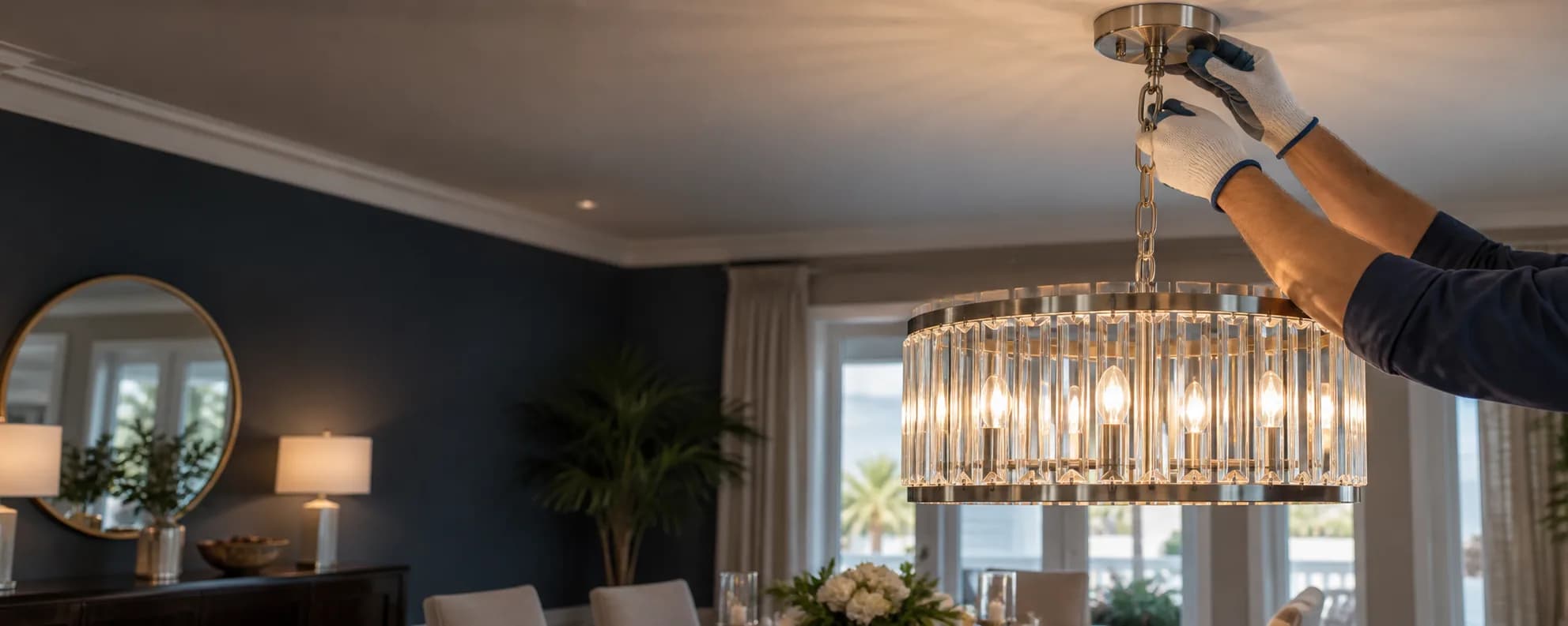 Chandelier being installed at an existing ceiling connection