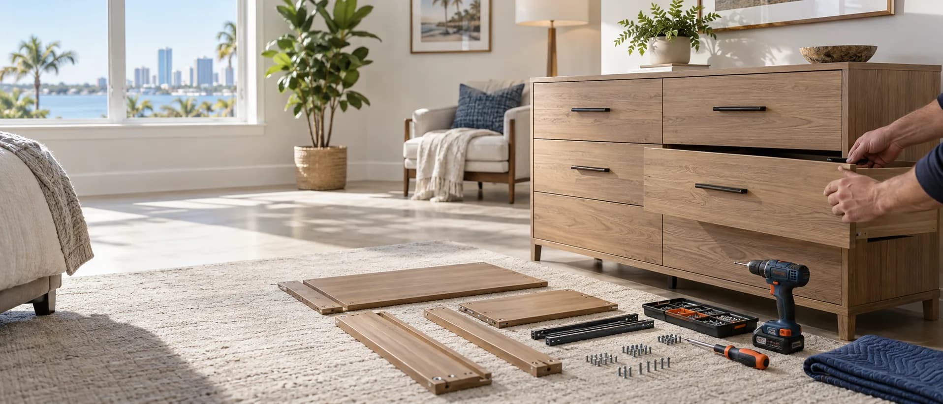 Wood dresser being carefully assembled in a home